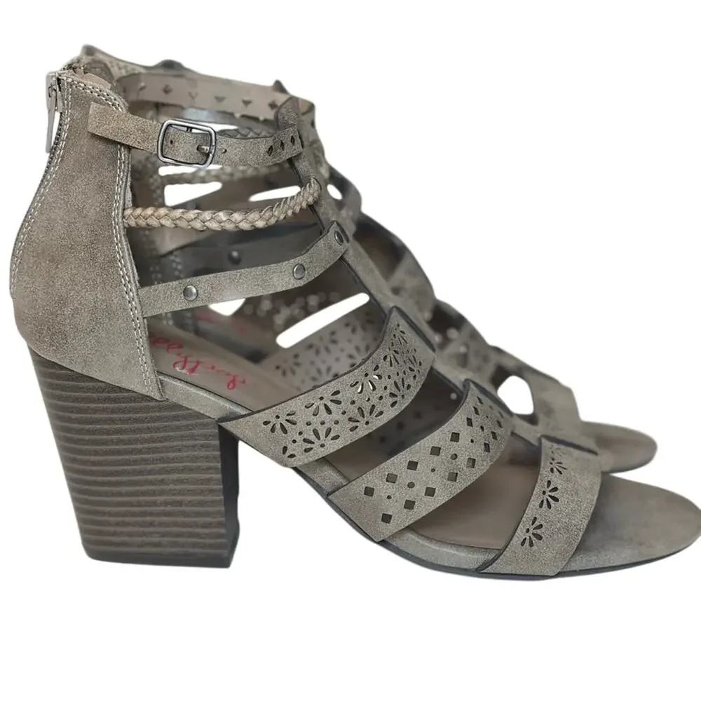 NWOT Jellypop Theresa Gray Taupe Heeled Sandals Cutout Zip Back - 9.5 M